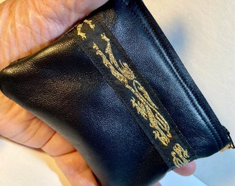 Metallic-Gold Dragon Trim on SOFT Black Lambhide Leather Zip COIN PURSE