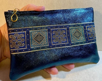 Dark Teal Blue Metallic LEATHER Zip Bag w/Renaissance Jacquard Trim