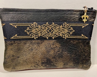 Distressed Gold on Black Soft LEATHER Zip Clutch Bag w/Renaissance Jacquard Trim