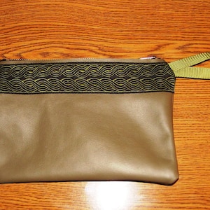 Olive Green LEATHER,Celtic Rope Jacquard Trim,Zip Clutch Bag/Purse/Pouch image 1