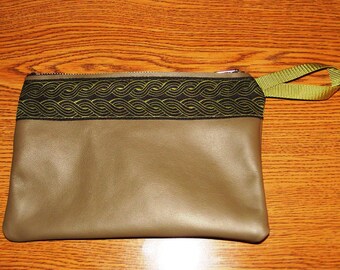 Olive Green LEATHER,Celtic Rope Jacquard Trim,Zip Clutch Bag/Purse/Pouch