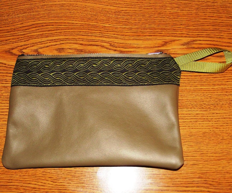 Olive Green LEATHER,Celtic Rope Jacquard Trim,Zip Clutch Bag/Purse/Pouch image 1