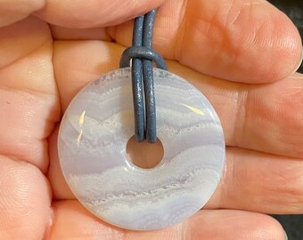 Blue Lace Agate Stone Pendant on Leather 22" Cord