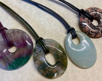 Set of 4 Stone Donut Pendants on Leather Cords MossAgate, BlueAmazonite, RainbowFluorite & LeopardskinJasper