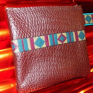 Burgundy LEATHER Zip Pouch w/Southwest Trim & Thumb Loop