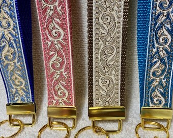 CHOICE of  Color Vine-Tendril Gold Jacquard Key Wristlets w/Tassel & Snap Hook