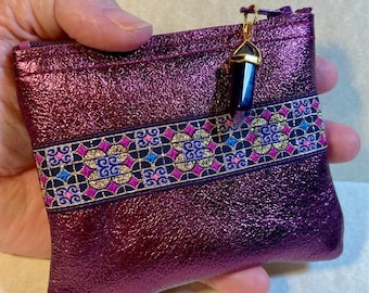 Plum Violet Metallic LEATHER  Zip Coin Purse w/Jacquard Trim & Amethyst Zip Pull