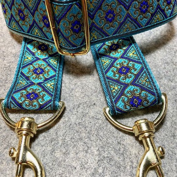Turquoise,Royal & Gold Jacquard Trim Crossbody Adjustable Strap