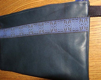 Navy Blue LEATHER w/Celtic Weave Jacquard Trim Wristlet Bag
