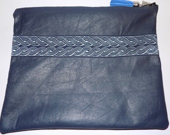 9"X 7"Navy Leather Zip Bag-Case-Storage Pouch w/Jacquard Trim