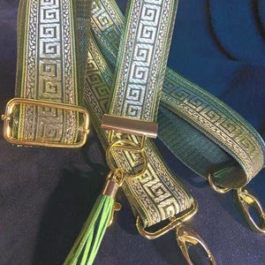 Olive Green & Gold Greek Key Jacquard Trim,Adjustable Bag Strap and Wristlet Set