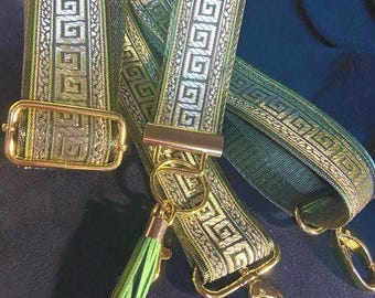 Olive Green & Gold Greek Key Jacquard Trim,Adjustable Bag Strap and Wristlet Set
