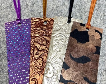 Set of 4 Metallic/Embossed Genuine LEATHER Bookmarks w/Ribbon Tails