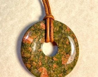 40mm Unakite Stone Donut Pendant on 24" LEATHER Cord