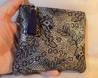 2-Sided Navy Blue & Platinum LEATHER Zip Pouch w/Tassel