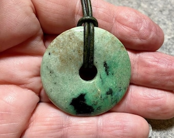 Green Hydrogrossular Garnet Donut Stone Pendant on Leather Cord