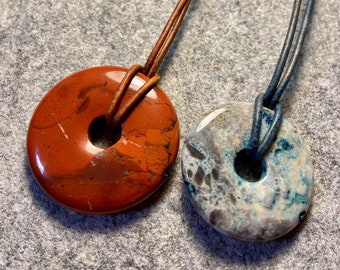 2 Stone Donut Pi Pendants on LEATHER Cords, 1 Amazonite & 1 Apple Jasper