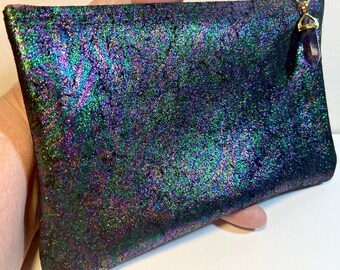 Metallic Jewel-Tones LEATHER Zip Clutch Bag w/Amethyst Zipper Pull