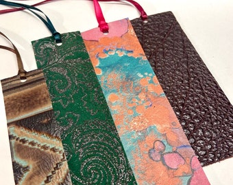 4 Pk Mixed Color/Texture Genuine LEATHER Bookmarks with Ribbon Tails