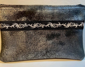 Distressed Graphite on Black Soft LEATHER,Zip Clutch Bag, w/Thorny Jacquard Trim