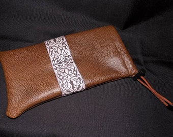 Chocolate Brown Genuine LEATHER Draw Cord,Carry-Pouch w/Jacquard Trim