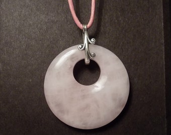 Lg ROSE QUARTZ Gem Donut Pendant, on Sterling Bail & 26" Pink Leather Cord