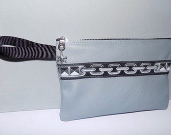 Light Gray LEATHER w/Chain Links Jacquard Trim, Zip Pouch