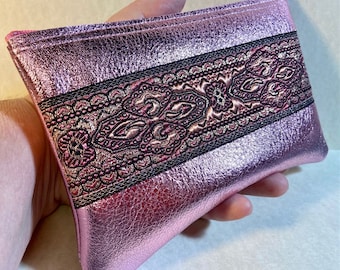 Metallic Pink LEATHER Clutch w/Pink & RoseGold Jacquard Trim