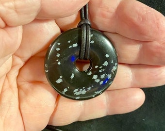 Snowflake Obsidian Donut on Black Leather Cord