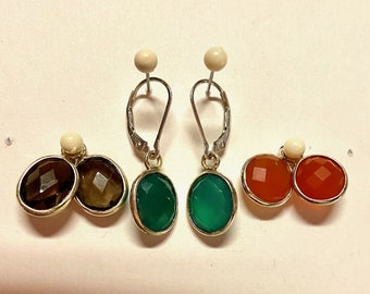 3 Pr Dangles in Sterling Earrings Carnelian Chalcedony,Smoky Quartz & Green Onyx