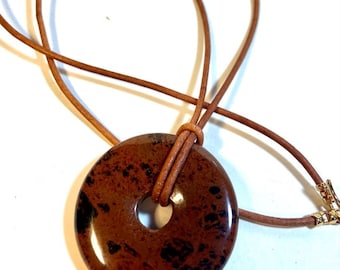 40mm Mahogany Obsidian Stone Pendant on Leather Cord