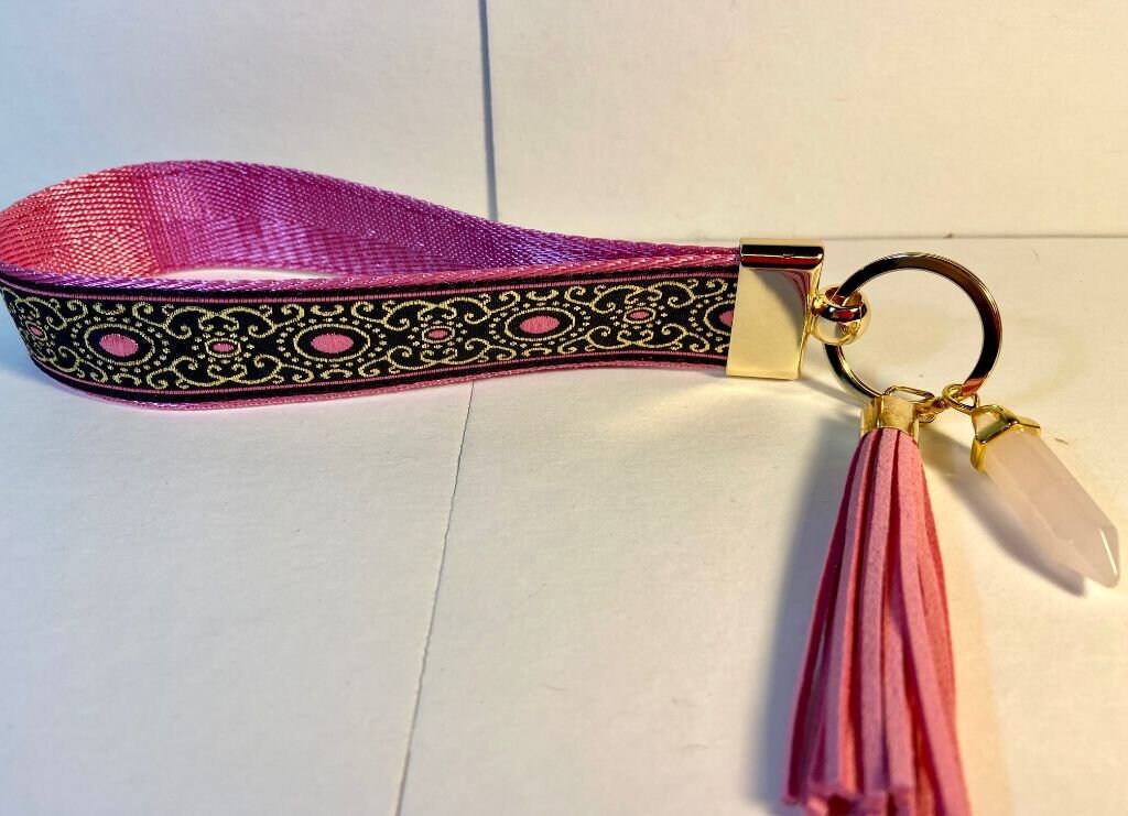 Fuchsia,metallic Gold,black Jacquard Trim,key Wristlet W