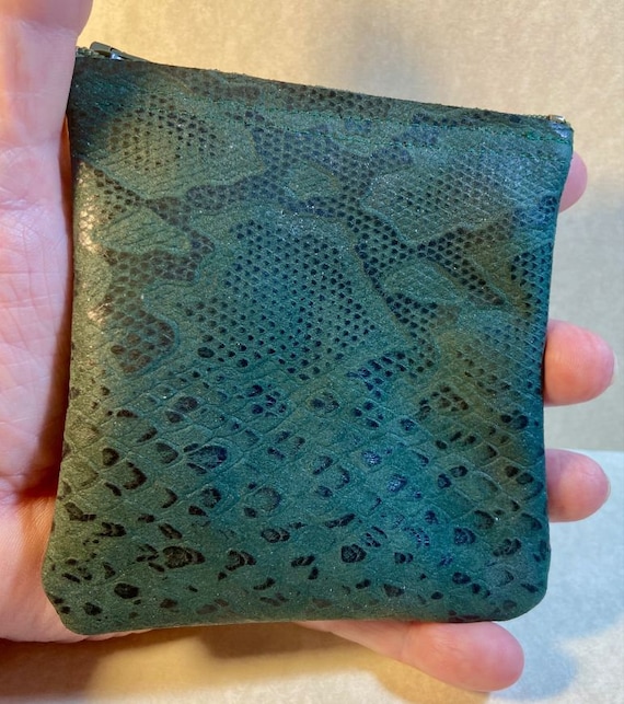 Dark Green Snake Embossed Soft Cowhide LEATHER Zip Pouch