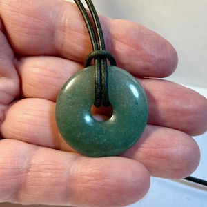 Green Aventurine,30mm Stone Donut Pendant on Leather Cord