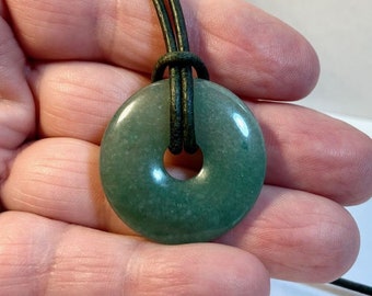 Green Aventurine,30mm Stone Donut Pendant on Leather Cord