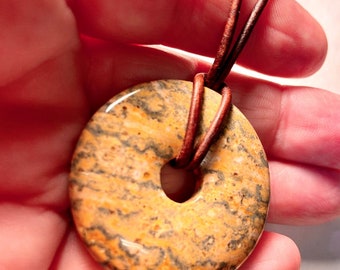 Yellow Leopardskin Jasper 40mm Donut Pendant on Leather Cord