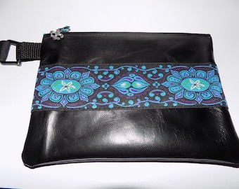 Black Leather,Jacquard Trimmed Wristlet Handbag
