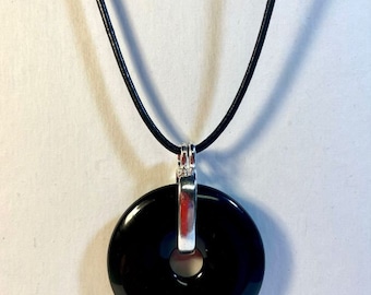 Black Obsidian 40mm Stone Pendant w/Bail On Long Leather Cord & Sterling Clasp