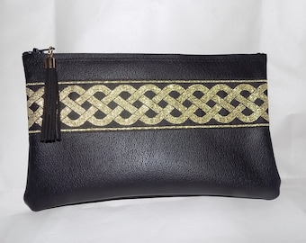 Black LEATHER Zip Clutch w/Gold Celtic Braid Jacquard Trim & Black Tassel