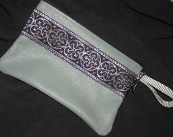 Gray LEATHER w/Black & Silver Jacquard Trim Zip Bag Pouch