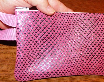 Pink & Silver Wristlet LEATHER Bag/Cosmetic Pouch
