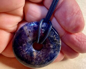 40mm Deep Blue Sodalite Stone Donut Pendant on Leather Cord