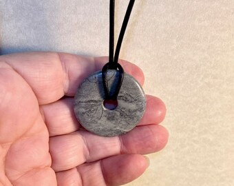Gray Marble Stone Donut on 24 Inch Leather Cord