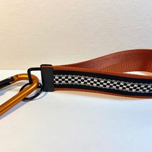 Racing Checkered Flag Jacquard Trimmed,Copper Color Key Wristlet w/Carabiner