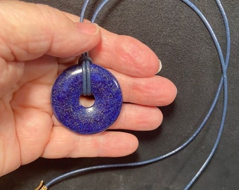 40mm Lapis Stone Donut on Leather Cord