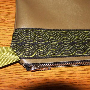 Olive Green LEATHER,Celtic Rope Jacquard Trim,Zip Clutch Bag/Purse/Pouch image 2