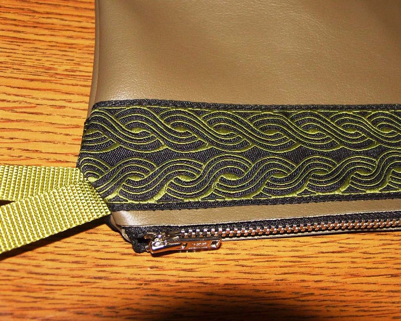 Olive Green LEATHER,Celtic Rope Jacquard Trim,Zip Clutch Bag/Purse/Pouch image 2