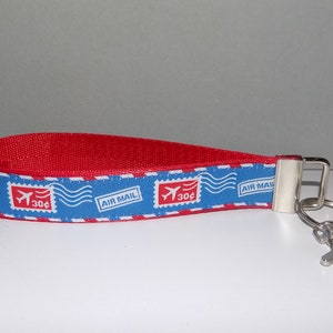 Airmail Postage Theme Jacquard Trim Key Wristlet Red, White and Blue