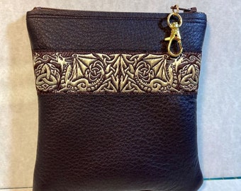 DarkBrown Soft LEATHER w/Celtic Dragon Trim Zip Pouch