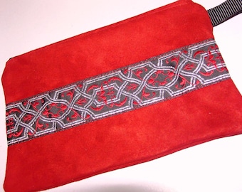 Red Suede Cowhide LEATHER Zip Bag/Pouch with Renaissance Jacquard Trim